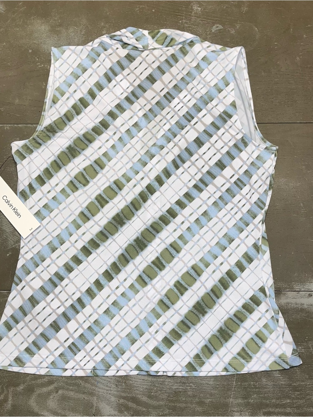 Calvin Klein White, Light Blue & Olive Green Sleeveless V-Neck Blouse - Picture 7 of 7
